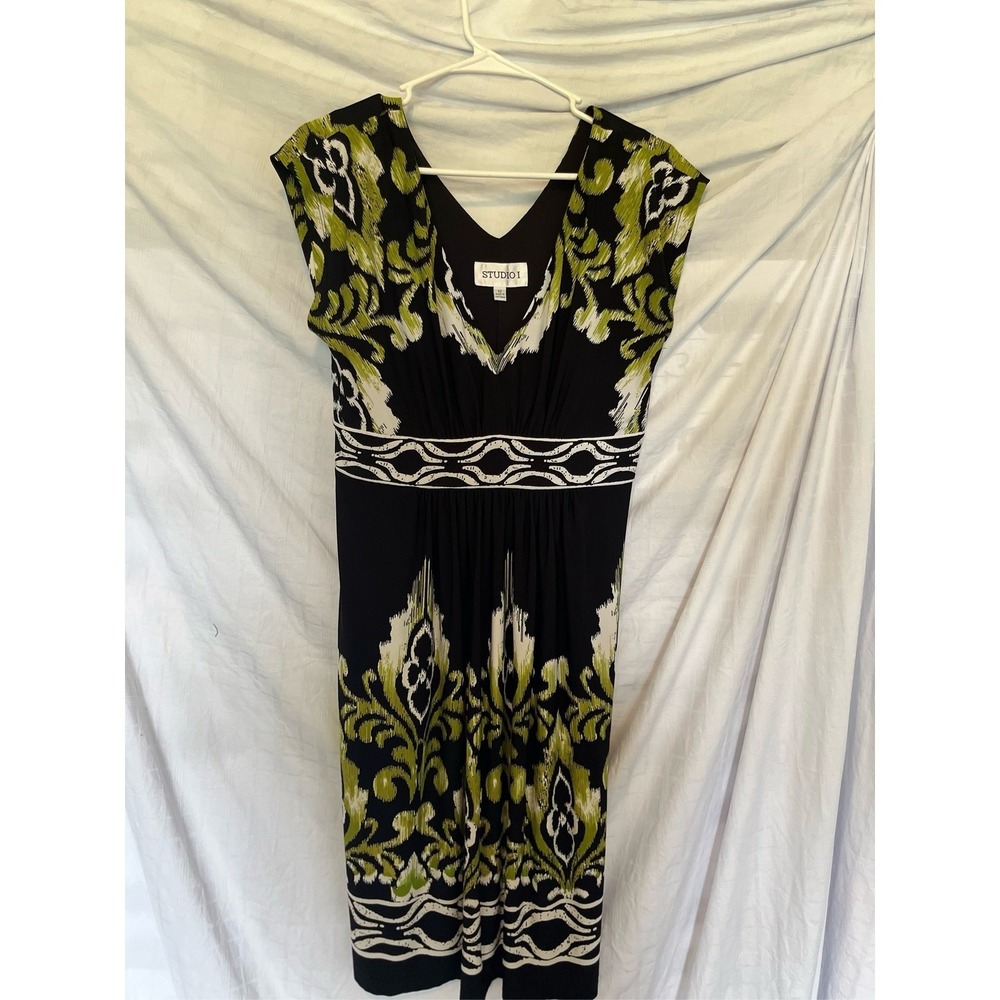 Studio I Womens Sleeveless Maxi Dress Black Green Floral V-Neck Sz 12